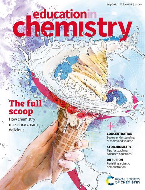 An image of the cover of the Education in Chemistry July 2021 issue showing a soft whip ice cream swirling around itself