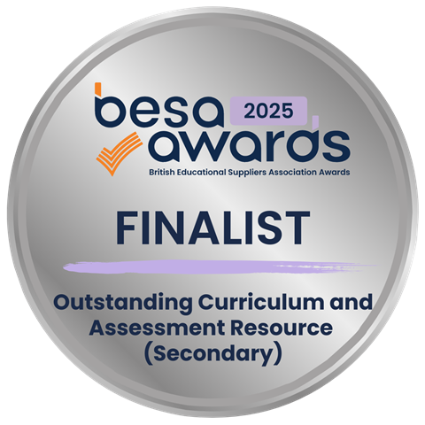 Silver badge reading 'British educational suppliers association awards 2025 finalist; Outstanding Curriculum and Assessment Resource (Secondary)