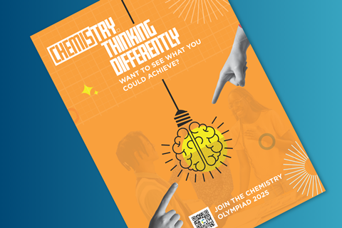 An illustration featuring a lightbulb with a brain-shaped icon, surrounded by the text "Chemistry. Thinking Differently. Want to see what you could achieve? Join the Chemistry Olympiad 2025"