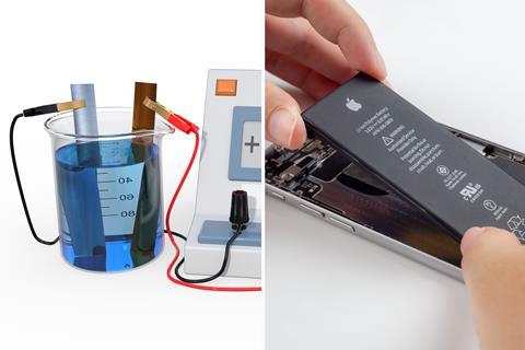 A voltmeter hooked up to two metals in a beaker of blue liquid and someone changing a mobile phone battery