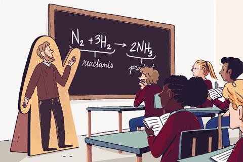 A cartoon of a cardboard cut-out teacher in front of a class