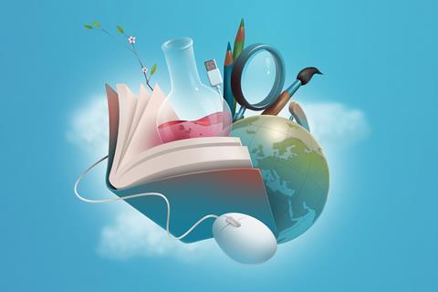 An image illustrating the concept of remote teaching or distance learning with a computer mouse, book, flask, globe and pens against a blue sky