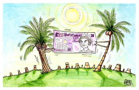 Cartoon - a palm tree and a coconut tree fighting over a banknote