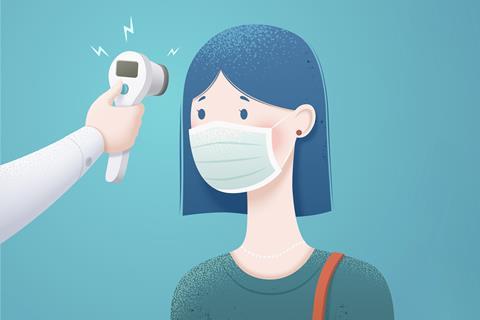 An illustration showing a girl having her temperature checked with an IR thermometer