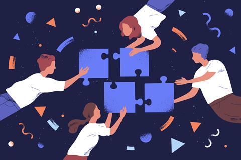 An abstract illustration showing four people working together to fit large puzzle pieces together against a background featuring a variety of different shapes