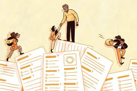 A cartoon of a teacher helping students climb over giant exam papers