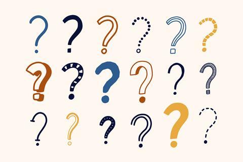 An illustration featuring question marks in a variety of colours and styles