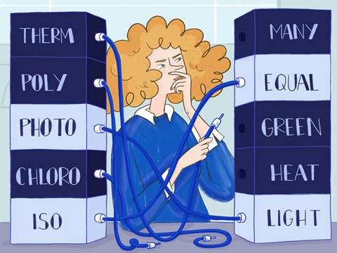 Illustration of female student with cable in her hand, blocks of Greek/Latin root words on her right, blocks of English science related words on here left; the cables link the Greek/Latin origins to the English words