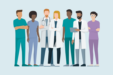 An illustration showing a diverse group of seven doctors, all wearing different outfits, one with a stethoscope, one with a beard and clipboard, one with glasses