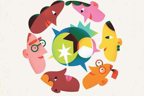 A cartoon of a circle of faces speaking