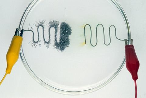 An image showing the formation of chlorine by electrolysis, showing a petri dish and electrodes