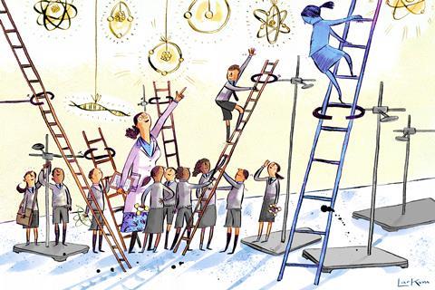 Tiny students climbing ladders among lab equipment as directed by a teacher to claim chemistry prizes