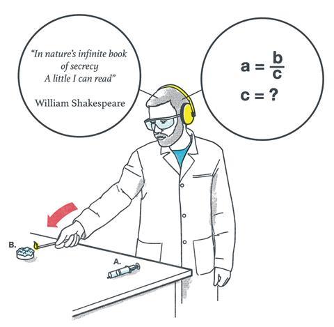 A chemistry teacher holding a lit split to some bubbles in a dish while thinking about a Shakespeare quote (In nature's infinite book of secrecy a little I can read) and some algebra