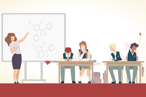 A cartoon of a chemistry teacher with a misbehaving class