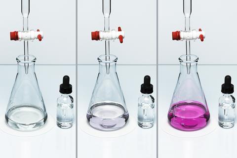 A sequence of three photos showing a titration experiment