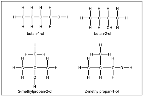 The molecular structure diagrams for butan-1-ol, butan-2-ol, 2-methylpropan-1-ol and 2-methylpropan-2-ol