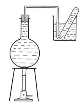 A diagram showing a round-bottomed flask above a Bunsen burner, connected to a test tube to collect gases released