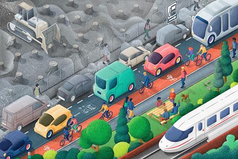 An illustration which on the top half shows a polluted deforested area and a polluted road, and on the bottom half, a clean road with electric cars, green spaces and people cycling