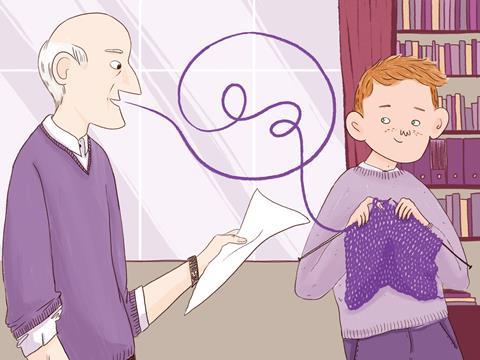 Illustration of male teacher speaking and young male student taking those words and knitting with them, depicting how reflecting on feedback improves results