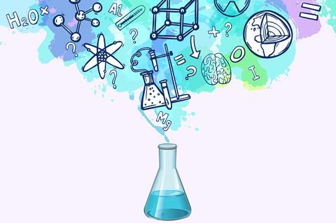 An illustration of a conical flask giving of coloured smoke which includes rough science diagrams including apparatus setup, an atom, a molecule, an ionic crystal, question marks.
