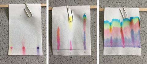 Images showing thin layer chromatography plates, shot from above, all on a workbench, each fixed to a lolly stick with a paper clip