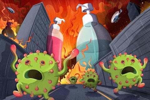 An illustration showing giant bottles of hand sanitizer chasing virus aliens in a city landscape