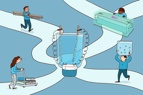 An image showing four students running on separate roads towards an intersection where a large electrochemical beaker is placed; each of the 4 students is holding a specific model used to explain electrochemical concepts
