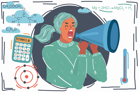 An illustration of a woman shouting through a loud speaker surrounded by chemical formulas