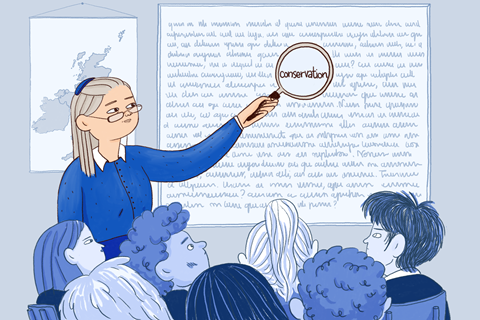 An image showing a female teacher pointing at a whiteboard and using a magnifying glass to highlight the word 