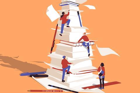 An illustration of tiny high school students climbing a stack of papers