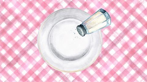 A watercolour image showing a salt shaker above a plate on a red check tablecloth