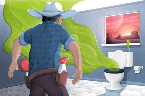An illustration showing a cowboy-style man prepared to tackle a difficult toilet