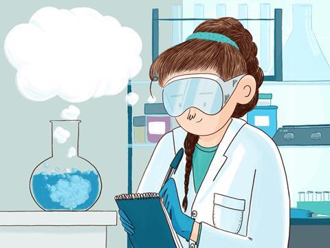 Illustration of female student observing a practical experiment whilst also thinking and using scientific reasoning 