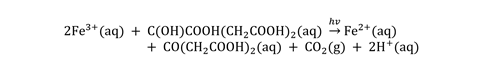 Equation for hotochemical redox reaction wherein iron(III) is reduced to iron(II), while the citrate is oxidised to 3-oxopentanedioic acid