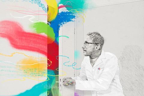 An illustration of a man in a lab coat opening a door with colours flooding in