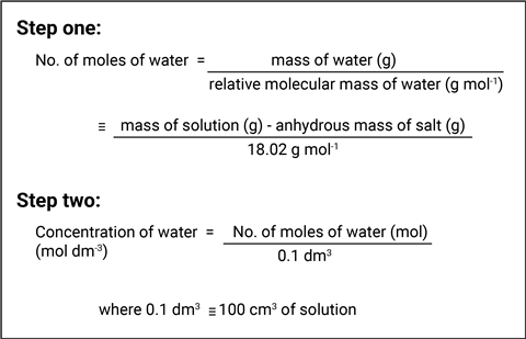 Dos pasos para una ecuación que muestra cómo encontrar la cantidad de moles de agua usando su masa molecular relativa y luego usar ese número para calcular la concentración.