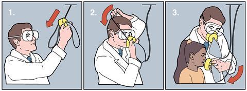 A scientist demonstrating how to put on an oxygen mask in an emergency