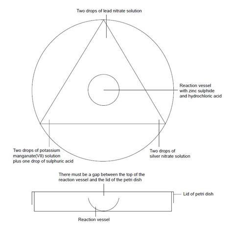 A diagram illustrating a reaction vessel in the centre of a Petri dish, surrounded by three drops of different test solutions