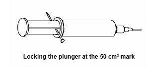 A diagram illustrating a modified syringe to be used for weighing gases, with a nail blocking the plunger from dropping beyond a certain point