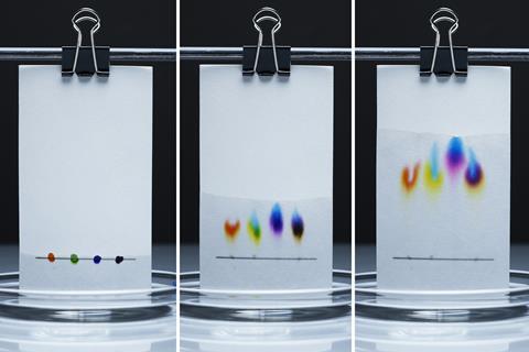 A sequence of photos showing inks being split using chromatography