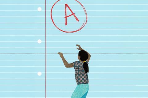 An illustration showing a girl climbing up the lines of some notepaper towards an A grade