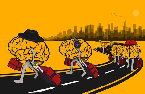 A cartoon of brain people leaving a city