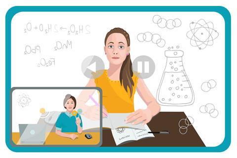 An illustration of a school girl doing a chemisty lesson online