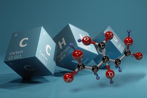 The blocks for carbon, hydrogen and oxygen from the periodic table with a 3D structure for citric acid