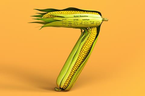 A digital illustration of two ears of maize making a seven