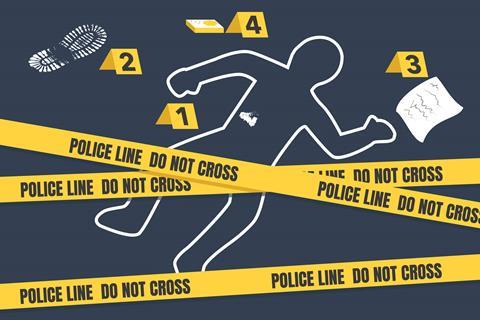 A cartoon of a murder crime scene with police tape and numbered evidence