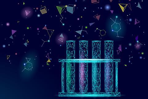 An illustration of test tubes in a rack with polygon shapes behind