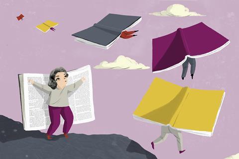 A cartoon of people flying away with giant books for wings