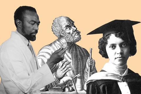 Portraits of three historical scientists from left: James Andrew Harris, Jabir ibn Hayyan, Alice Ball