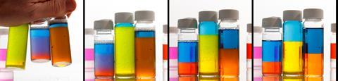 A series of images showing coloured liquids in vials separating into two layers of different colours
